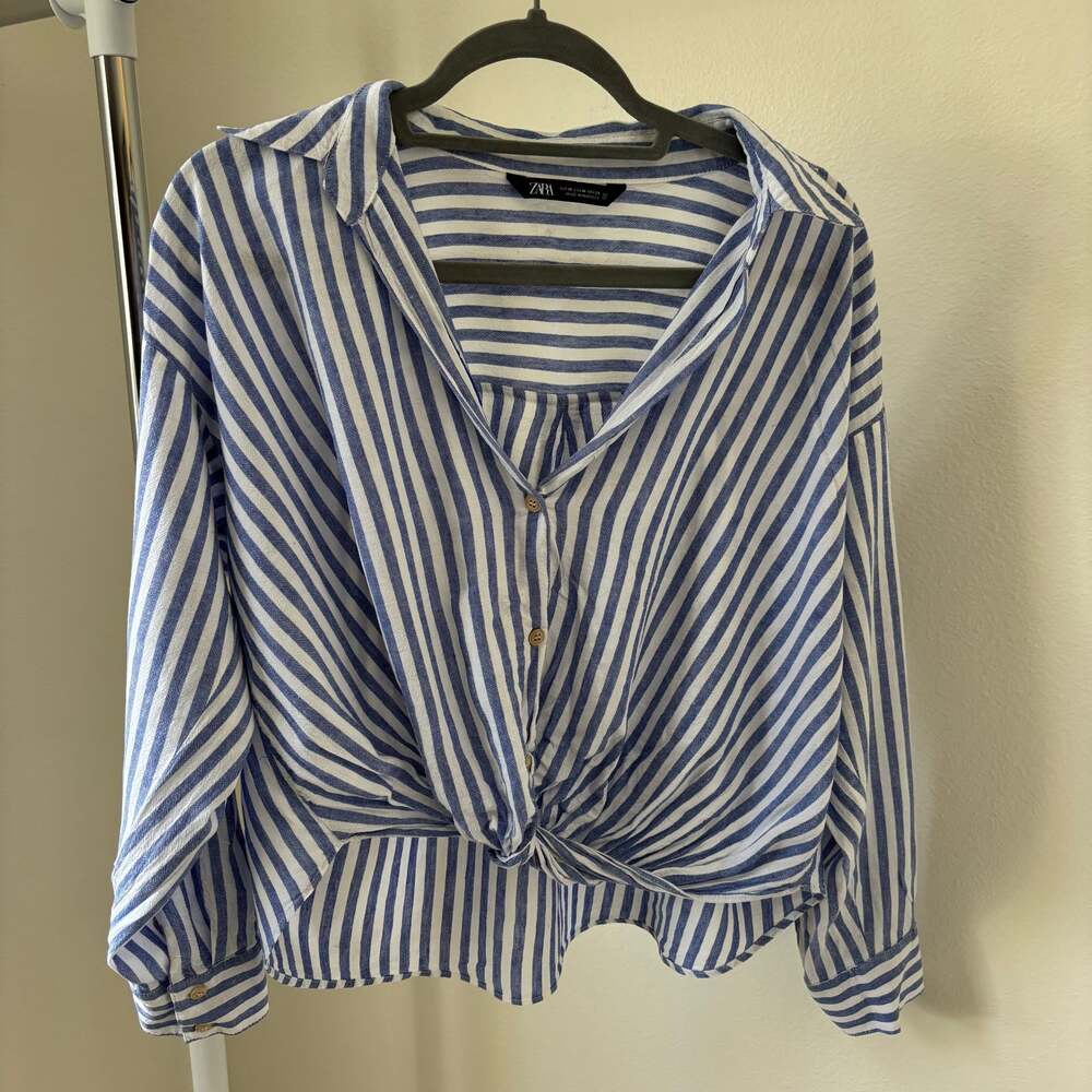 Zara Blue and White Striped Poplin Shirt Oversized
